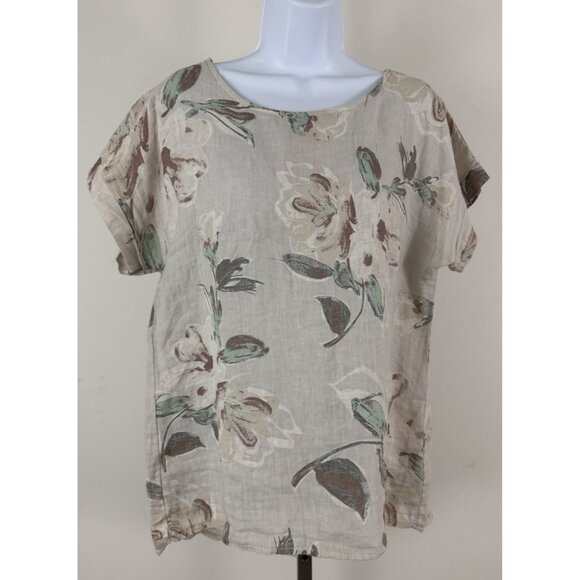 TERZO MILLENNIO Italy Pullover Linen Short Sleeve Blouse Beige Floral Sz S - Picture 1 of 5